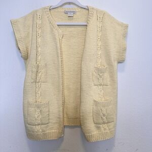 Vintage Womens Open Knit Cardigan Sweater Short Sleeve Sz M Cotton Yellow